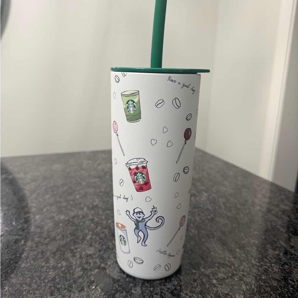 New Roller Rabbit Starbucks White Tumbler with Green Straw and Playful Graphics